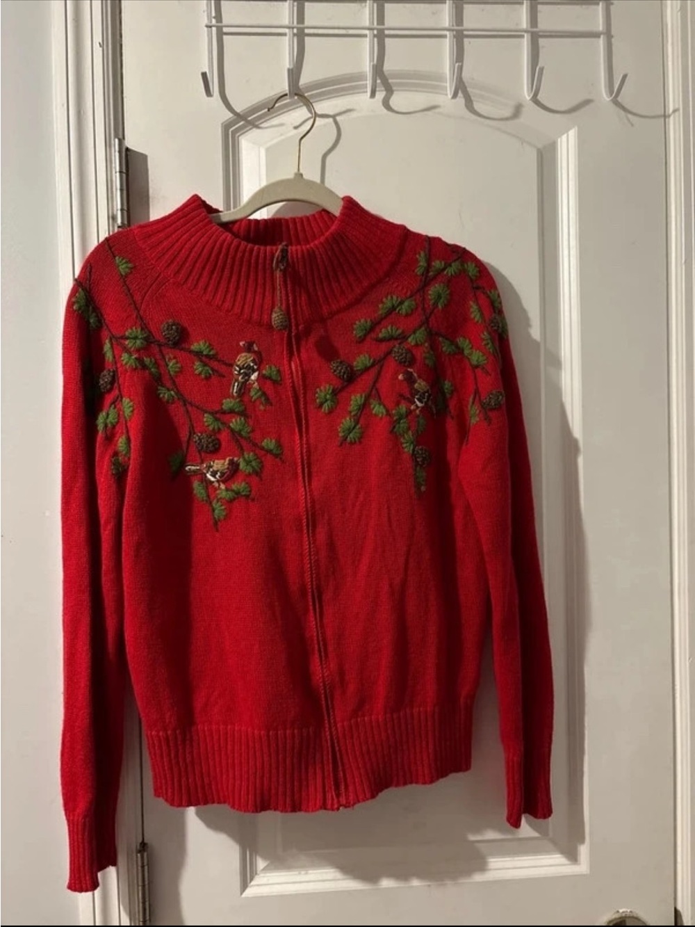 Coldwater Creek Red Zip-Up Cardigan with Embroidered Green Branches